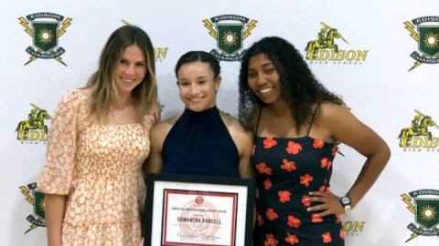 From left, Sophia Drake (soccer), Samantha Parcell (wrestling) and Taya Riley (lacrosse) were selected finalists for the inaugural Christina Mauser Scholarship after submitting videos to the scholarship committee.