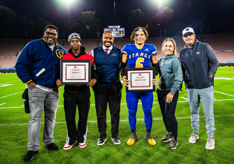 Pictured: City County Member Justin Jones, Deon Mejia, Rose Bowl Institute President James Washington, Brandon Valencia, Rose Bowl Institute Advisory Board Member Dr. Jen Welter, and Rose Bowl Stadium CEO/GM Jens Weiden