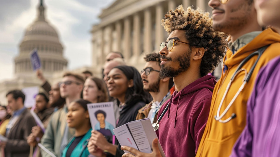 Group of people standing outside of the capital