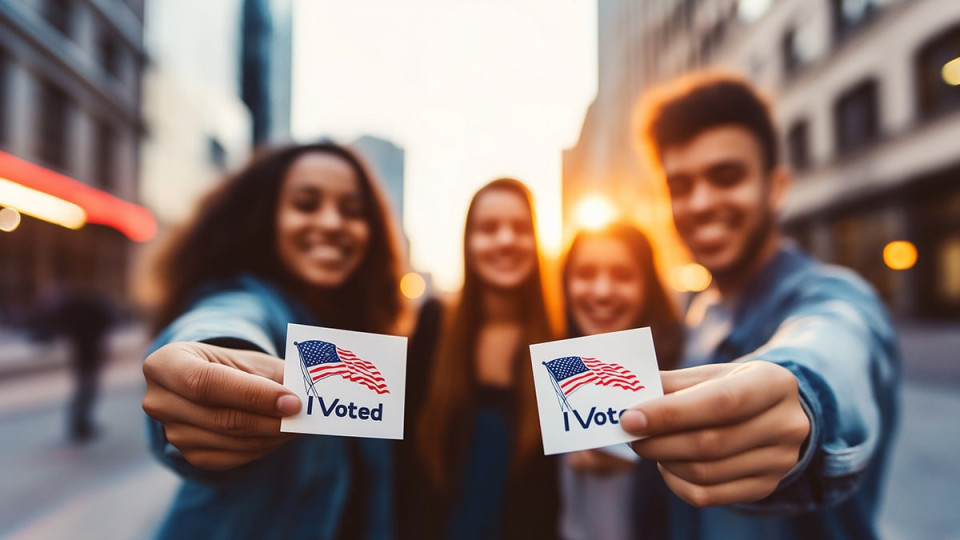 Young voters with I Voted stickers